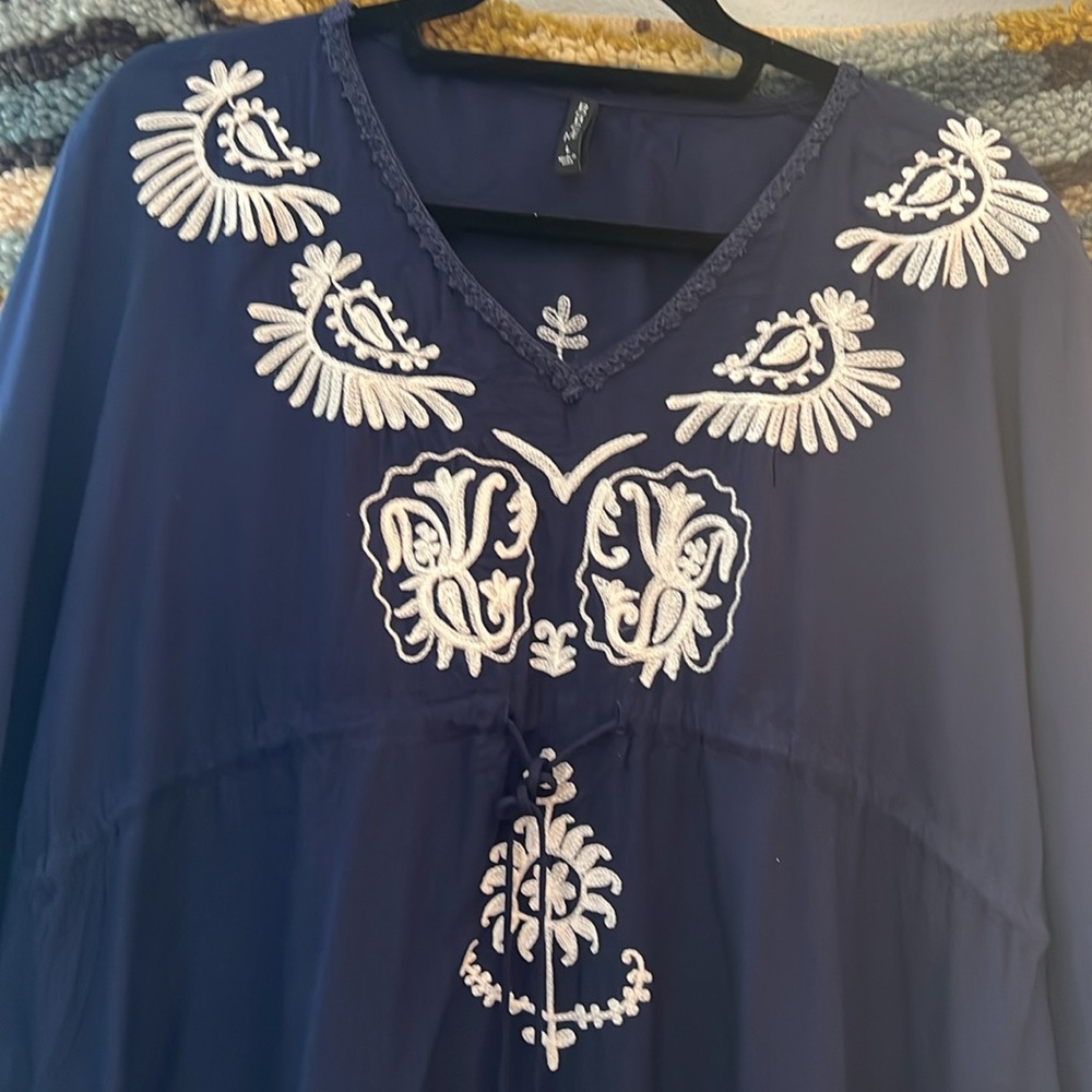 BOHO ME Navy/White Embroidered Tunic Mini Dress Kaftan Swim Cover-Up Women's' L - Picture 4 of 10